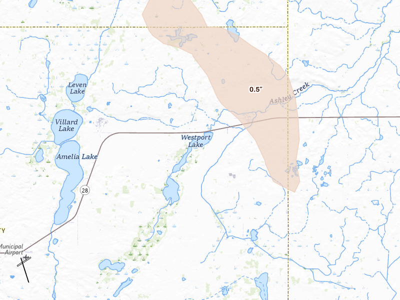 Radar-estimated hail-size map of the storm over Villard, MN on Aug 20, 2026