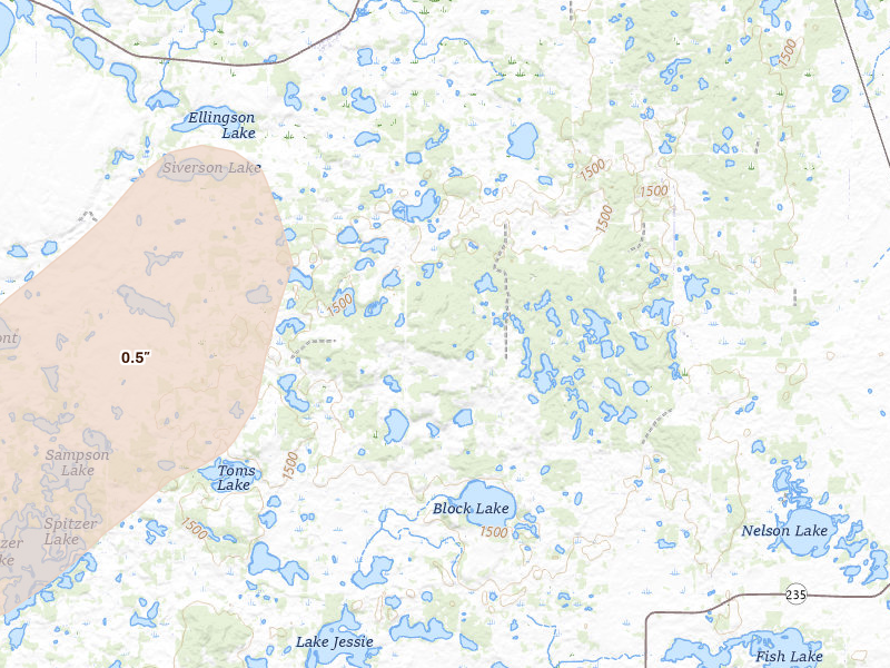 Radar-estimated hail-size map of the storm over Vining, MN on Jul 6, 2026
