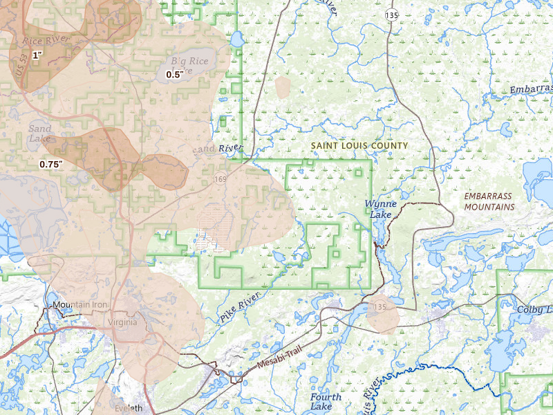 Radar-estimated hail-size map of the storm over Virginia, MN on Jul 26, 2026