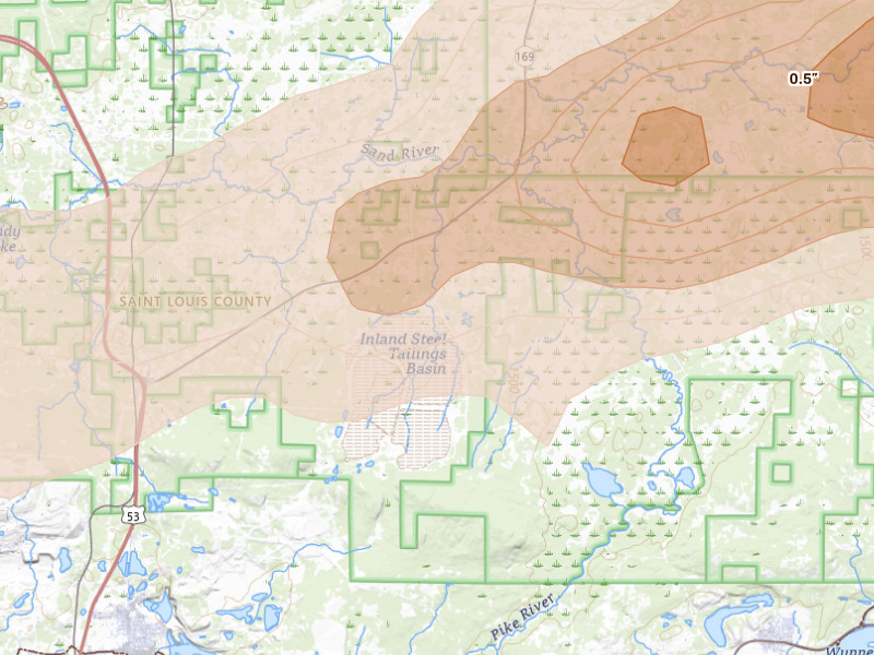 Radar-estimated hail-size map of the storm over Virginia, MN
