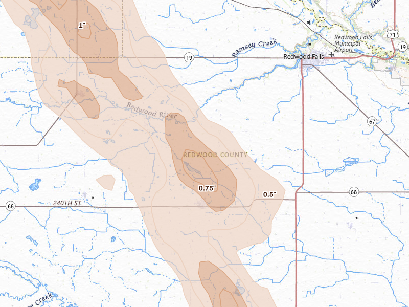 Radar-estimated hail-size map of the storm over Wabasso, MN on Aug 20, 2026