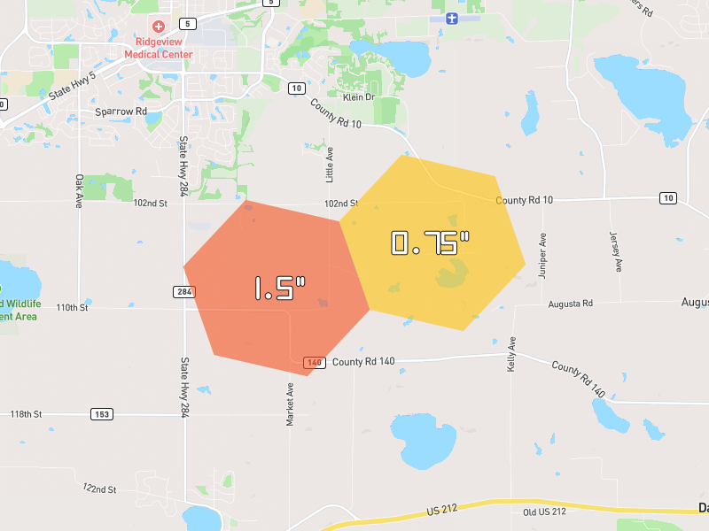 Hail map of Waconia, MN on Jul 5, 2026, hail up to 1.5"