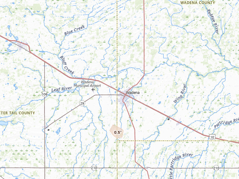 Radar-estimated hail-size map of the storm over Wadena, MN on May 27, 2026