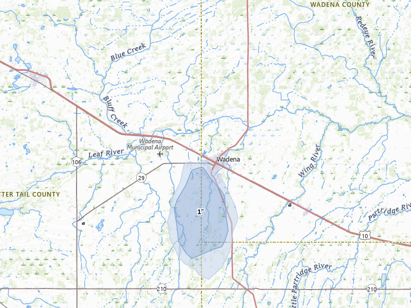 NEXRAD radar-signature map of the hail storm over Wadena, MN on May 27, 2026