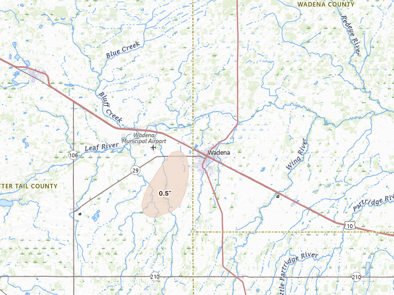 Radar-estimated hail-size map of the storm over Wadena, MN on Jun 9, 2026