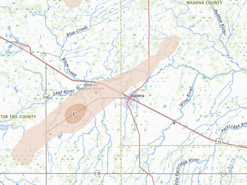 Radar-estimated hail-size map of the storm over Wadena, MN on Jun 10, 2026