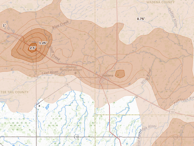 Radar-estimated hail-size map of the storm over Wadena, MN on Jun 29, 2026