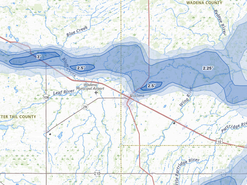 NEXRAD radar-signature map of the hail storm over Wadena, MN on Jun 29, 2026