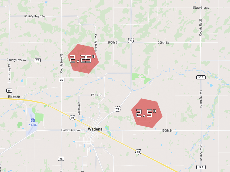 Hail map of Wadena, MN on Jun 29, 2026, hail up to 2.5"