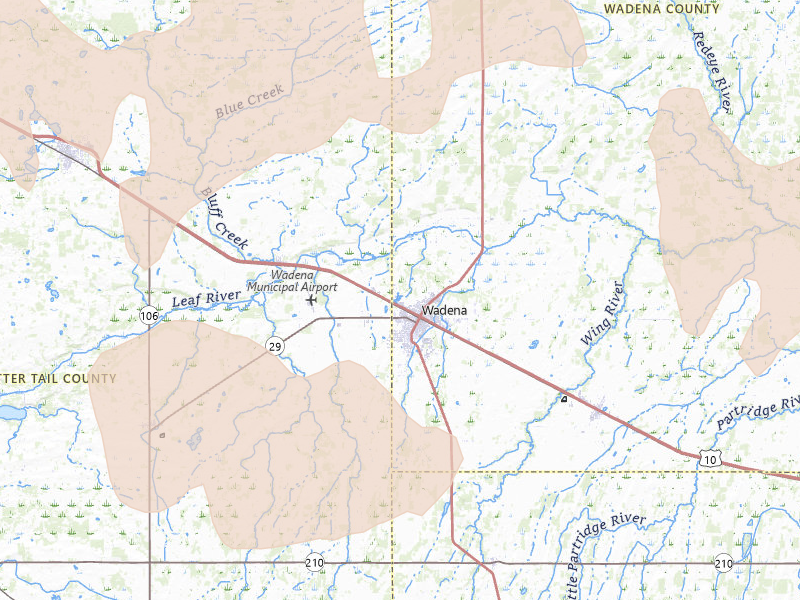 Radar-estimated hail-size map of the storm over Wadena, MN on Jul 6, 2026