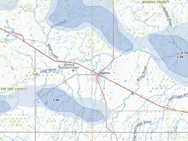 NEXRAD radar-signature map of the hail storm over Wadena, MN on Jul 6, 2026