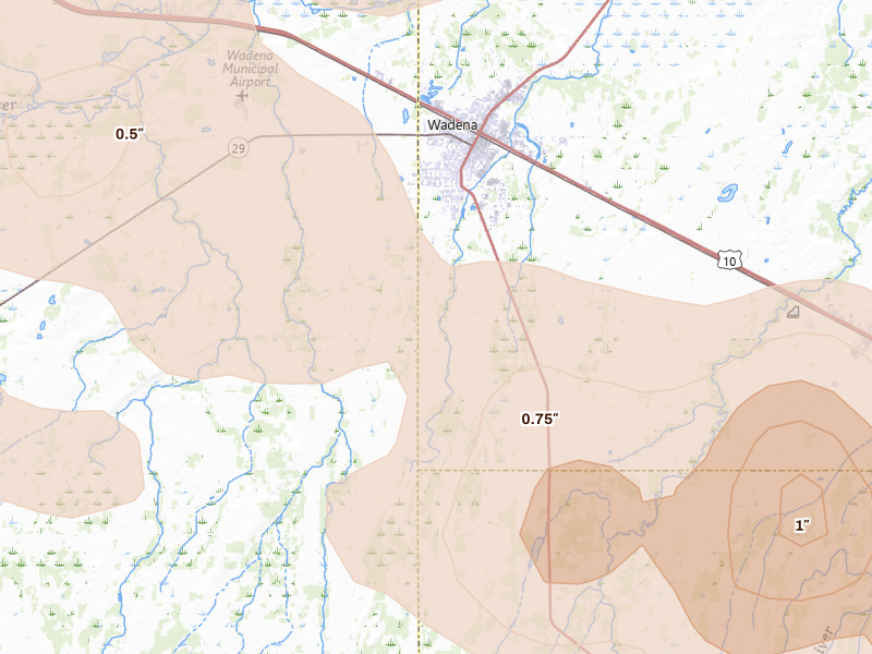 Radar-estimated hail-size map of the storm over Wadena, MN on Aug 17, 2026