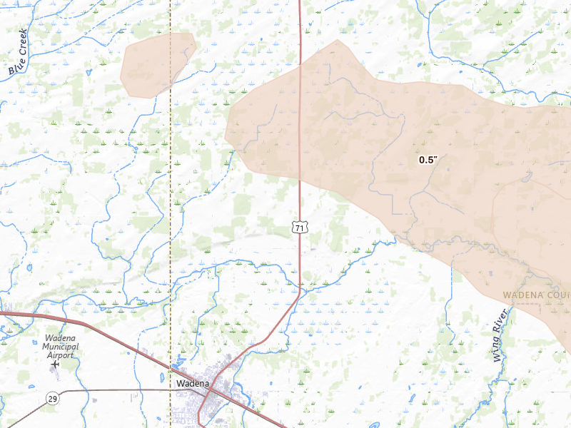 Radar-estimated hail-size map of the storm over Wadena, MN on Aug 20, 2026