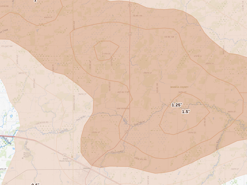 Radar-estimated hail-size map of the storm over Wadena, MN