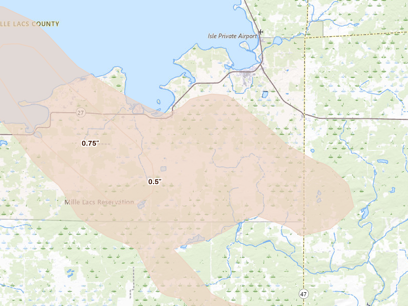 Radar-estimated hail-size map of the storm over Wahkon, MN on Aug 20, 2026