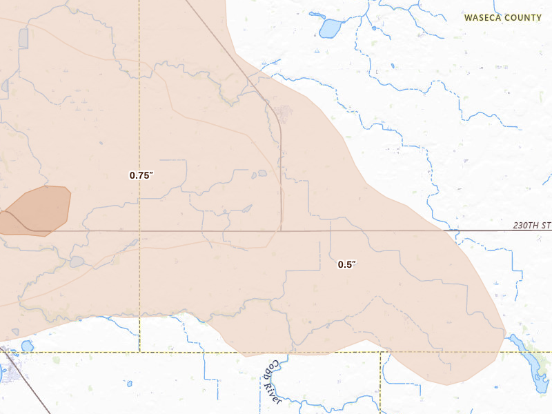 Radar-estimated hail-size map of the storm over Waldorf, MN on Apr 13, 2026