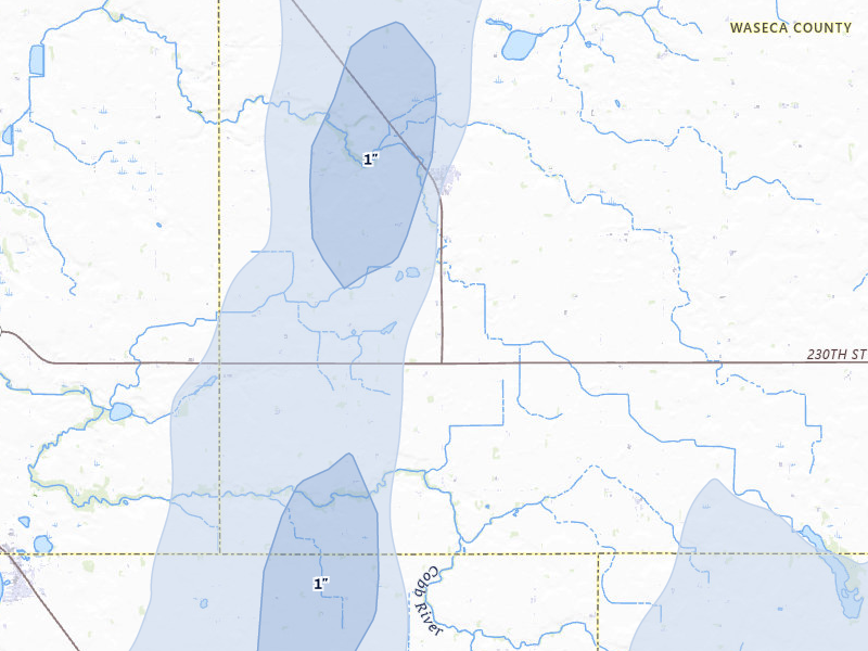 NEXRAD radar-signature map of the hail storm over Waldorf, MN on Jun 30, 2026