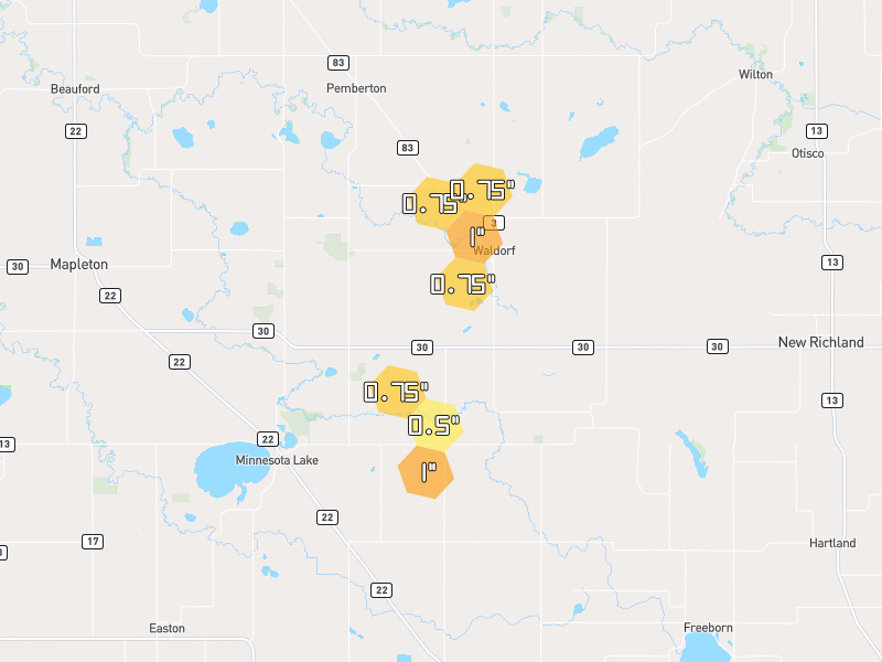 Hail map of Waldorf, MN on Jul 1, 2026, hail up to 1"