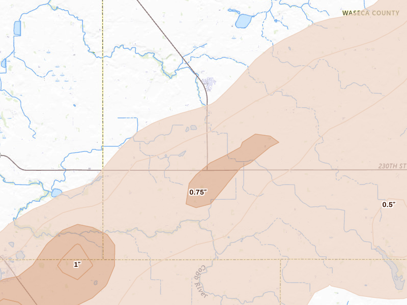 Radar-estimated hail-size map of the storm over Waldorf, MN on Sep 1, 2026
