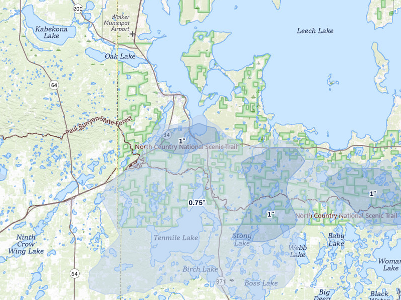 NEXRAD radar-signature map of the hail storm over Walker, MN on Jul 6, 2026