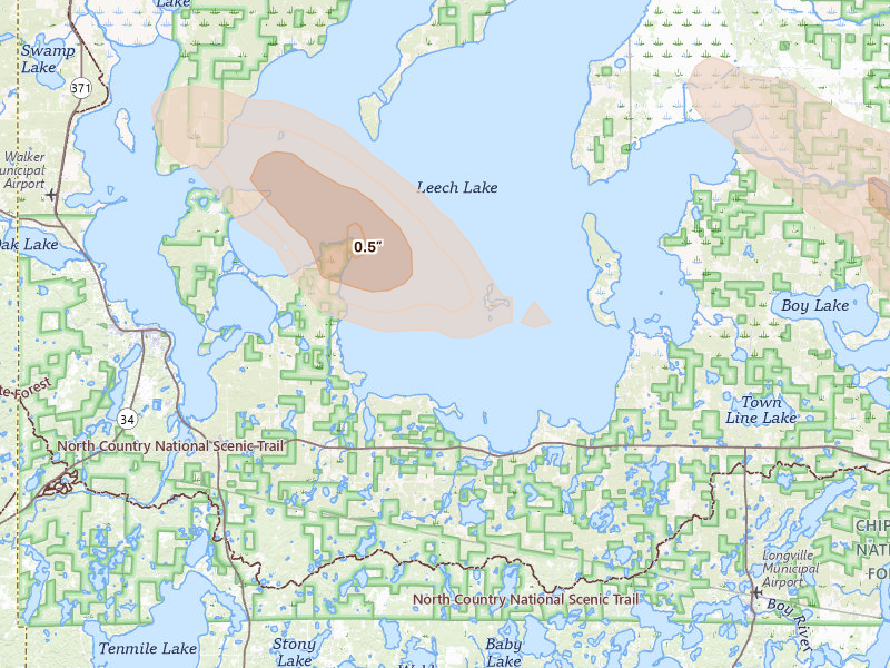 Radar-estimated hail-size map of the storm over Walker, MN on Aug 20, 2026