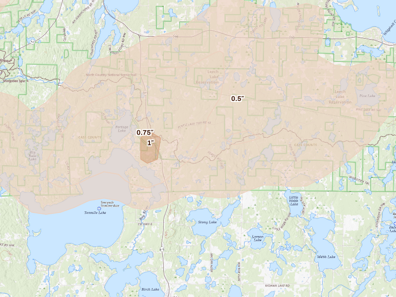 Radar-estimated hail-size map of the storm over Walker, MN