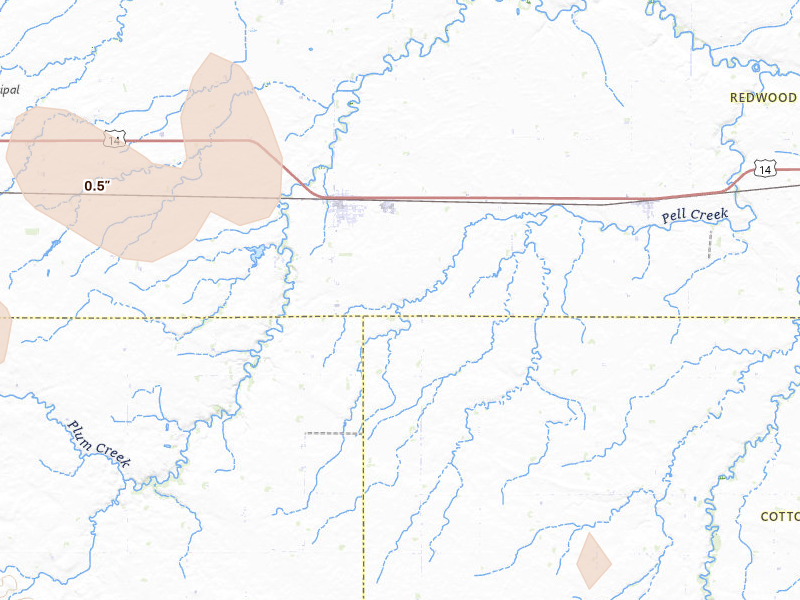 Radar-estimated hail-size map of the storm over Walnut Grove, MN on Jun 3, 2026