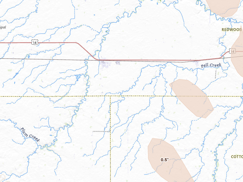 Radar-estimated hail-size map of the storm over Walnut Grove, MN on Jun 27, 2026