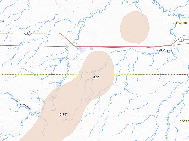 Radar-estimated hail-size map of the storm over Walnut Grove, MN on Jun 29, 2026