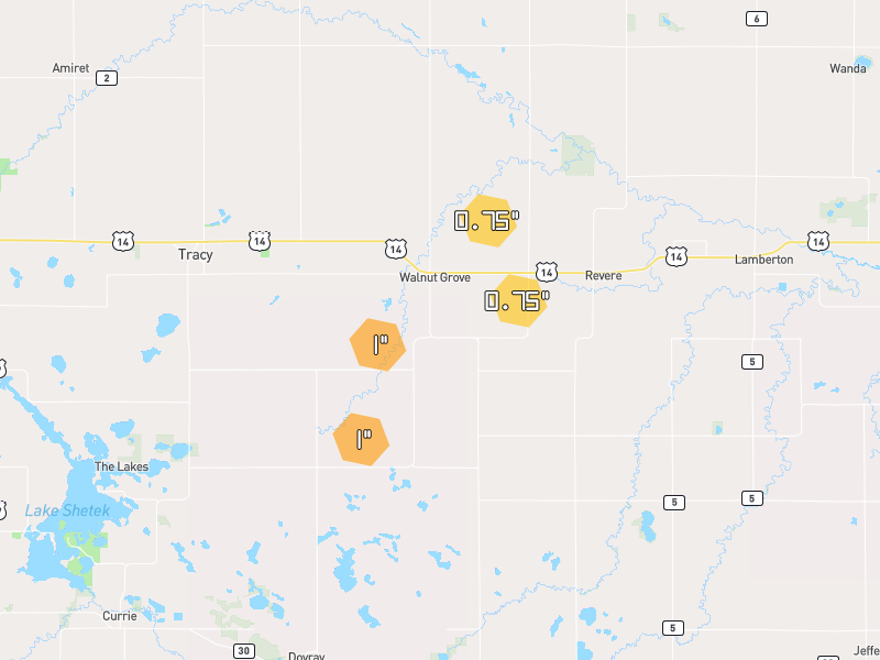 Hail map of Walnut Grove, MN on Jun 30, 2026, hail up to 1"
