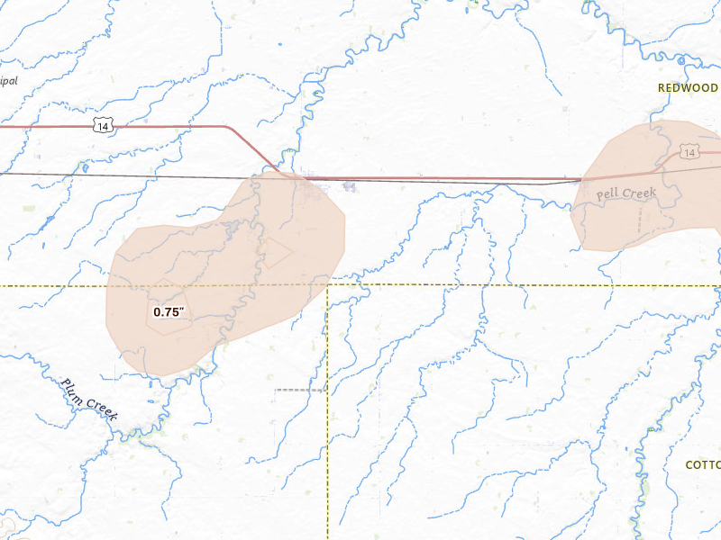 Radar-estimated hail-size map of the storm over Walnut Grove, MN on Jul 2, 2026