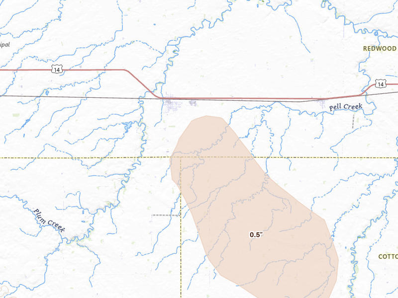 Radar-estimated hail-size map of the storm over Walnut Grove, MN on Jul 6, 2026
