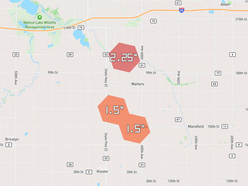 Hail map of Walters, MN on Jun 30, 2026, hail up to 2.25"