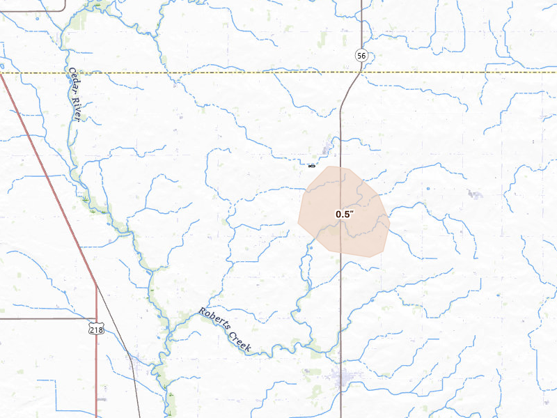 Radar-estimated hail-size map of the storm over Waltham, MN on May 26, 2026