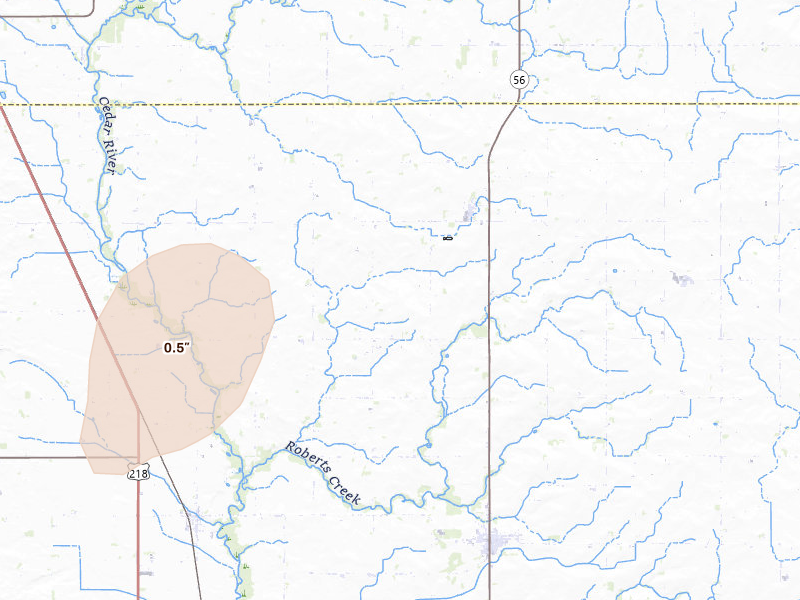 Radar-estimated hail-size map of the storm over Waltham, MN on Jul 2, 2026
