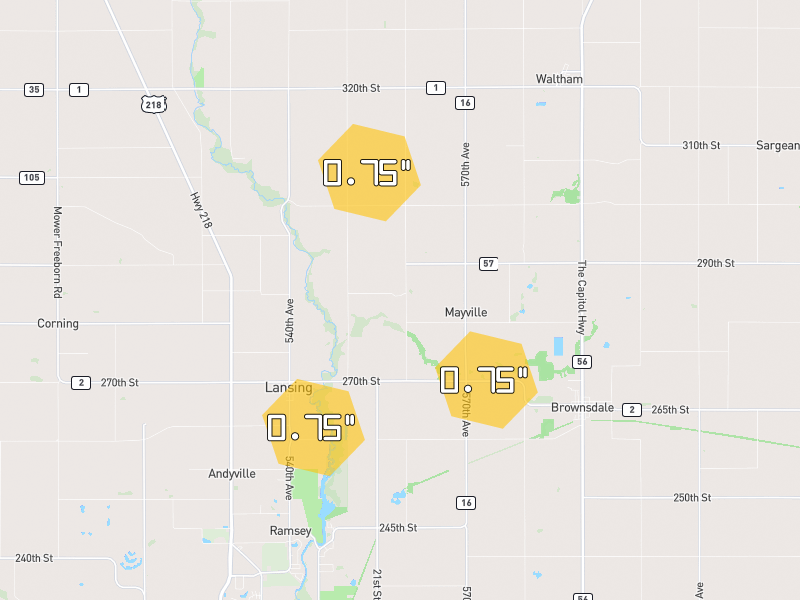 Hail map of Waltham, MN on Jul 2, 2026, hail up to 0.75"