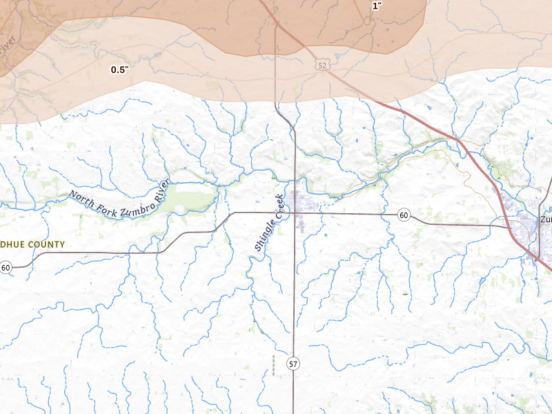 Radar-estimated hail-size map of the storm over Wanamingo, MN on Apr 13, 2026