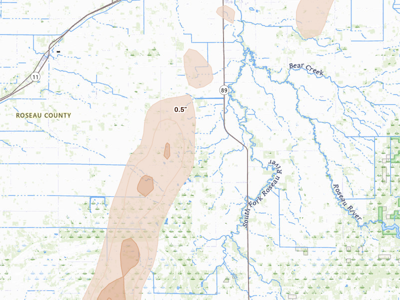 Radar-estimated hail-size map of the storm over Wannaska, MN on Jun 10, 2026