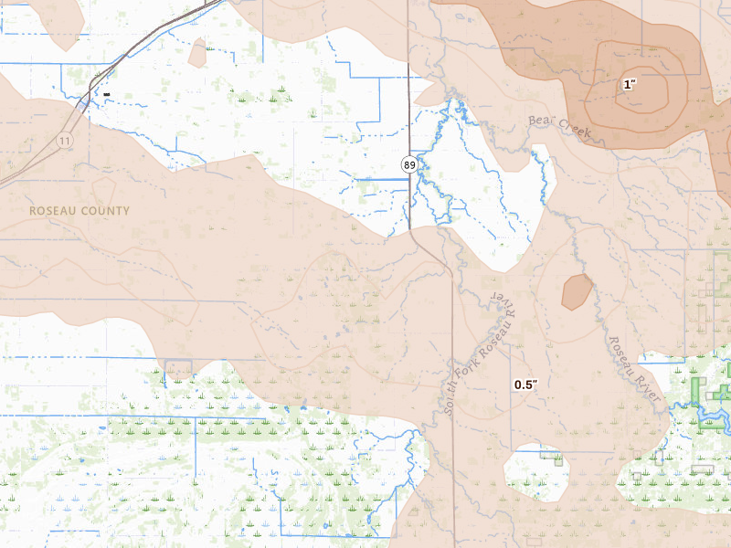 Radar-estimated hail-size map of the storm over Wannaska, MN on Jul 24, 2026