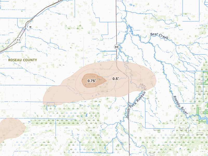 Radar-estimated hail-size map of the storm over Wannaska, MN