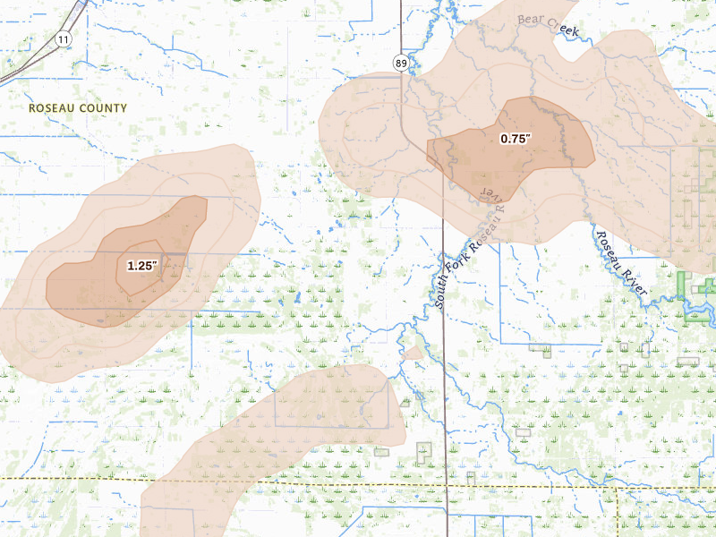 Radar-estimated hail-size map of the storm over Wannaska, MN on Aug 3, 2026