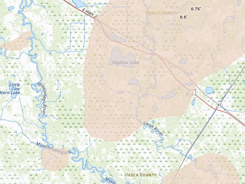Radar-estimated hail-size map of the storm over Warba, MN on Jun 29, 2026