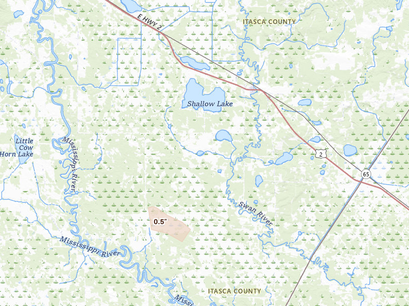 Radar-estimated hail-size map of the storm over Warba, MN on Jul 17, 2026