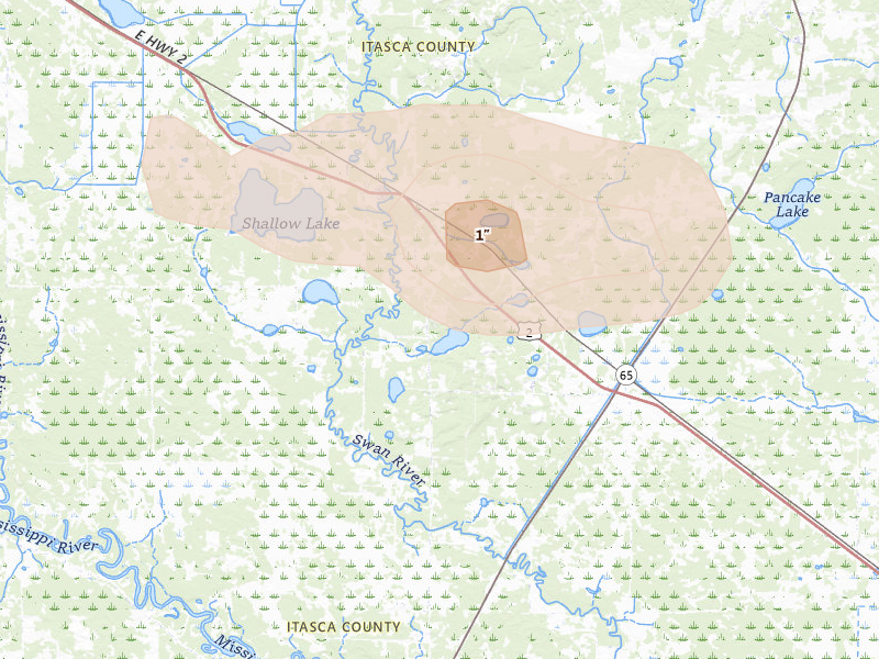 Radar-estimated hail-size map of the storm over Warba, MN on Aug 25, 2026