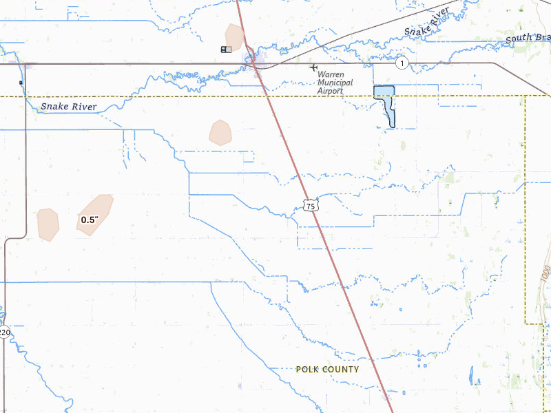 Radar-estimated hail-size map of the storm over Warren, MN on Apr 12, 2026