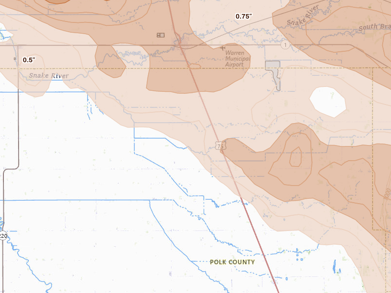 Radar-estimated hail-size map of the storm over Warren, MN on Jul 24, 2026