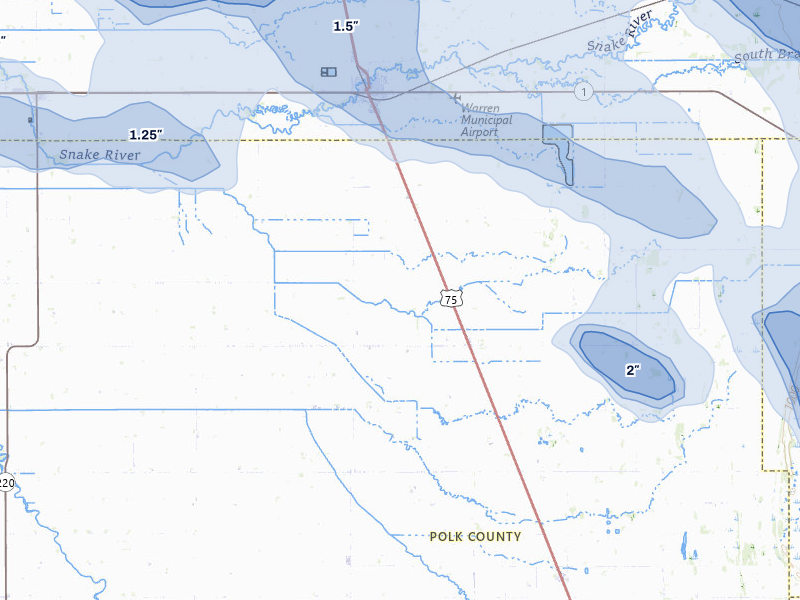 NEXRAD radar-signature map of the hail storm over Warren, MN on Jul 24, 2026