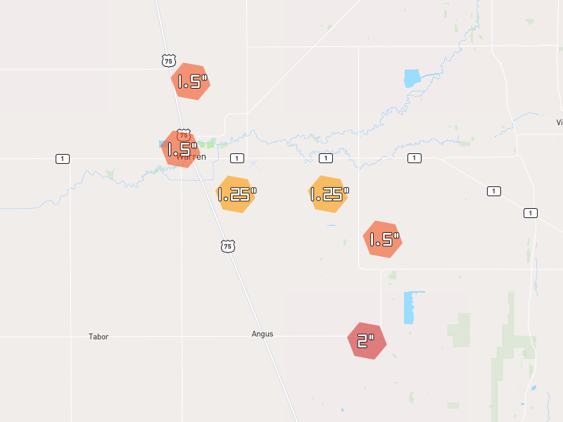 Hail map of Warren, MN on Jul 24, 2026, hail up to 2"