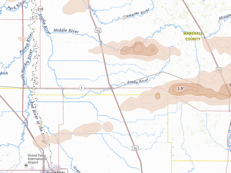 Radar-estimated hail-size map of the storm over Warren, MN