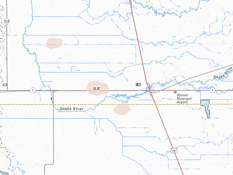 Radar-estimated hail-size map of the storm over Warren, MN on Aug 17, 2026